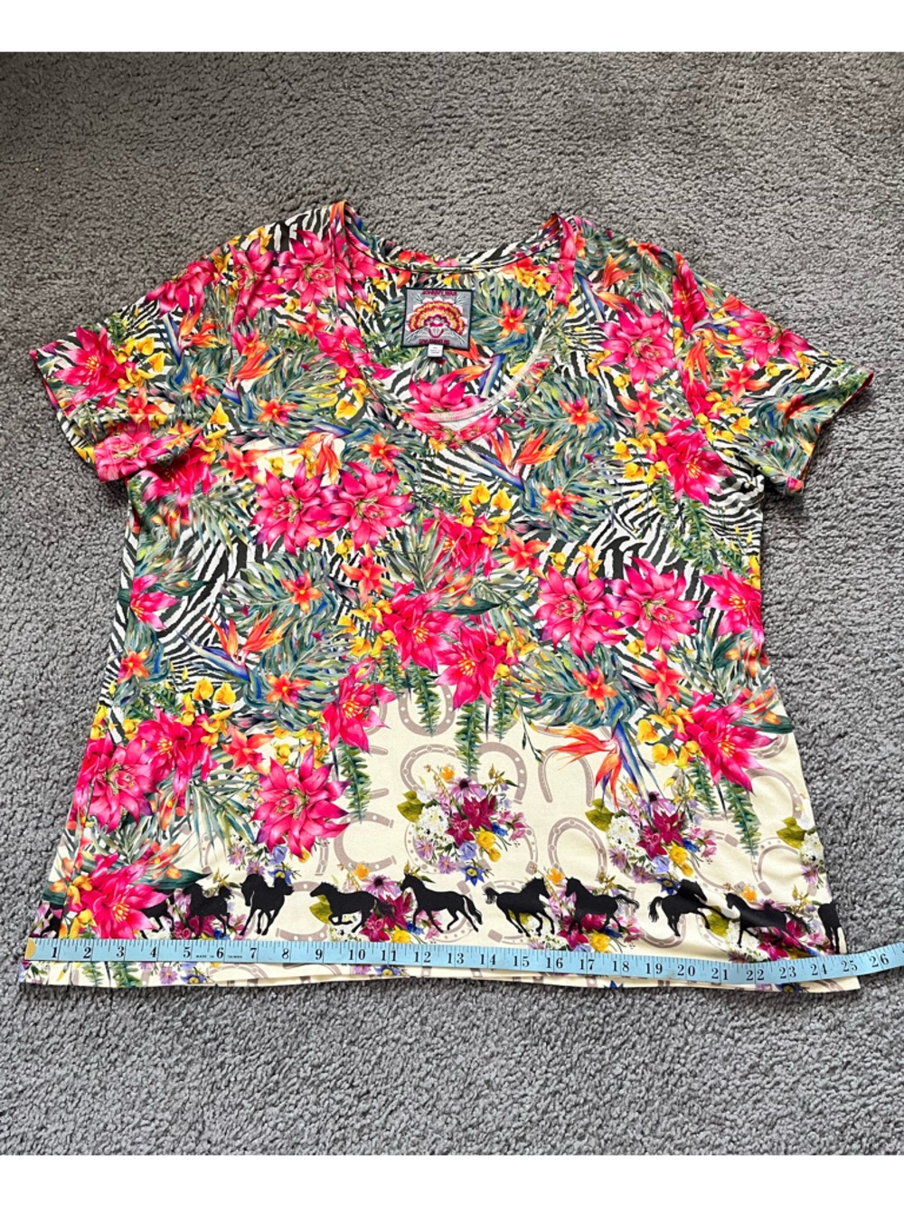 Johnny Was Pink Yellow Floral & Zebra Border Short Sleeve Tee - Picture 5 of 8